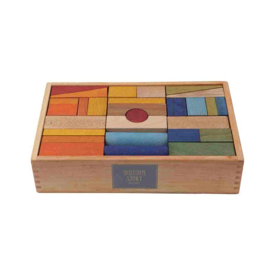 Wooden Story Puidust klotsid karbis – värvilised, 63 tk