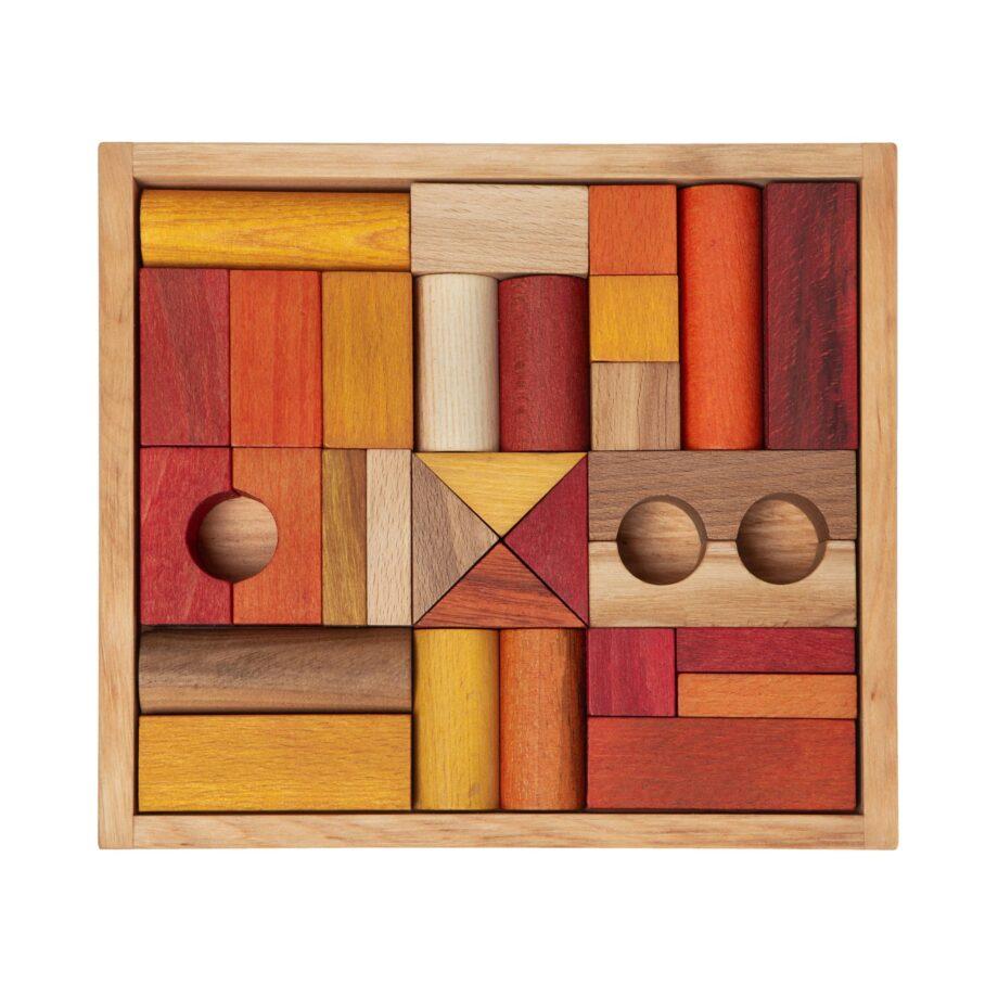 Wooden Story puuklotsid karbis – soojad toonid, 30 tk | arendav mänguasi loovale lapsele