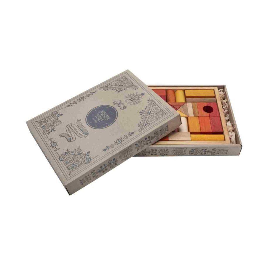 Wooden Story puuklotsid karbis – soojad toonid, 30 tk | arendav mänguasi loovale lapsele